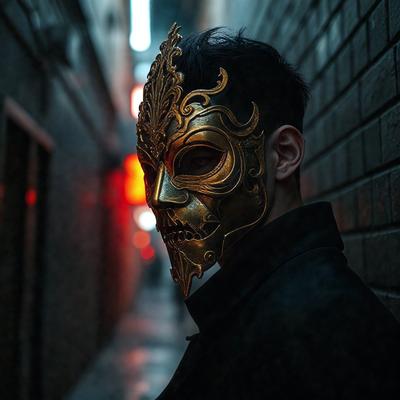 The primary subject of the image is a man wearing a gold mask. The setting is a dark alley, and the visual style appears to be a photo. The man is the main focus of the image, and the overall atmosphere is mysterious and intriguing.
